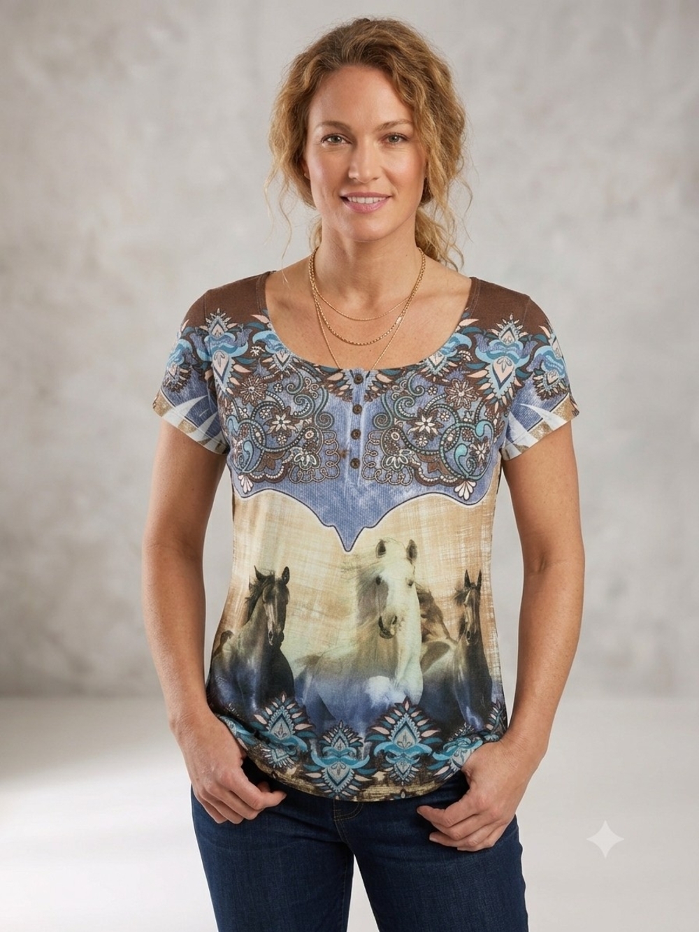 Western Boho Scoop Neck Short Sleeve with Horse Graphic in Brown/Blue    WS 196